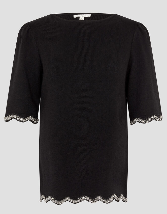 Tia Short Sleeve Diamante Trim Jumper, Black (BLACK), large