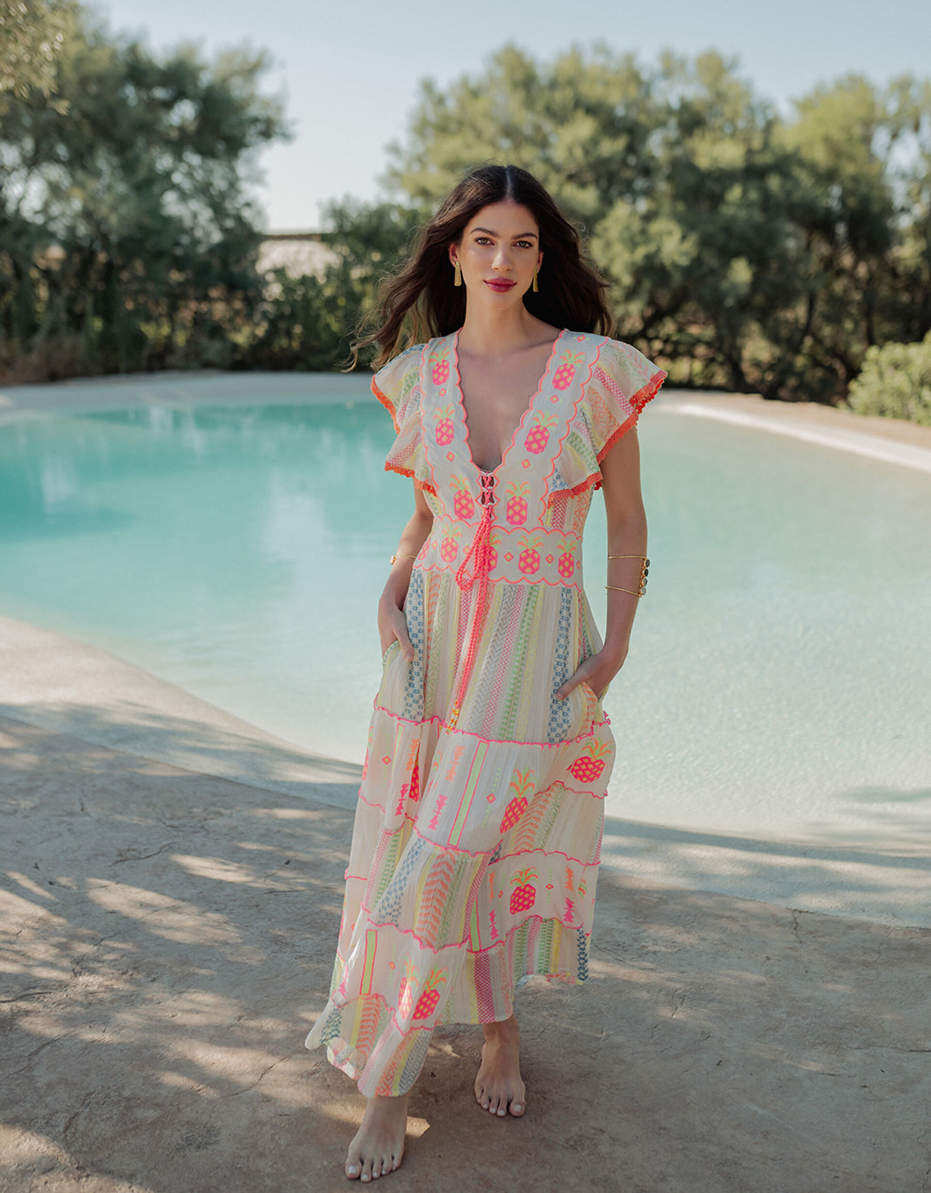 Piti Cuiti Pineapple Embroidered Maxi Dress White
