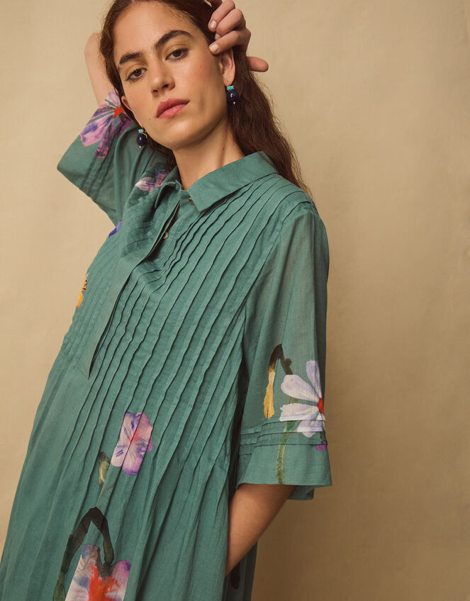 East Rihan Watercolour Floral Midi Shirt Dress, Green (MINT), large