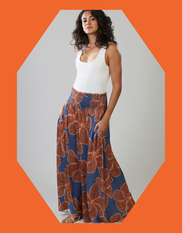 Traffic People Aurora Floral Print Wide Leg Trousers, Blue (BLUE), large