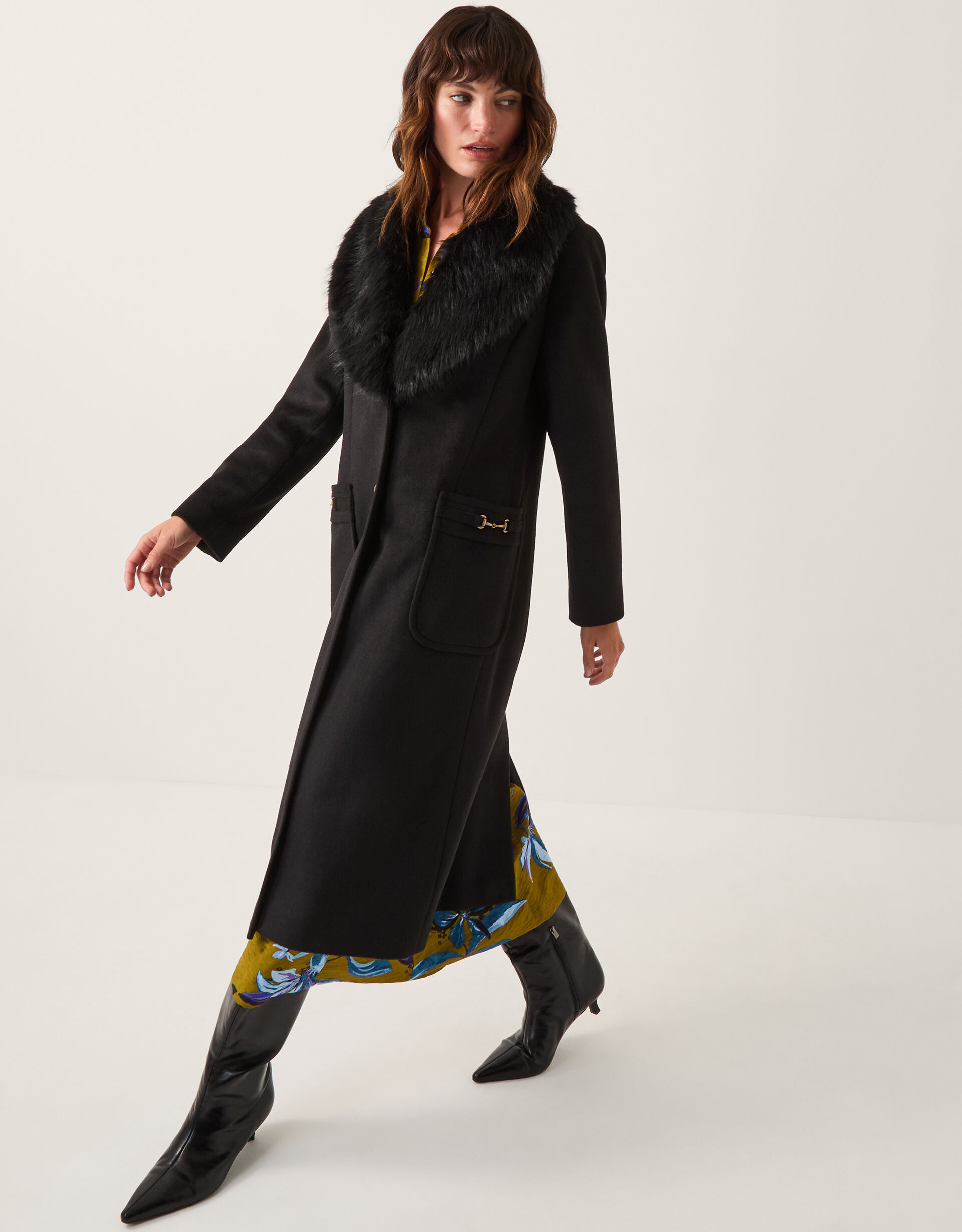 Fearne Faux Fur Collar Long Coat Black | Women's Coats