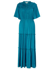 Sienna Satin Jacquard Tiered Midi Dress, Teal (TEAL), large