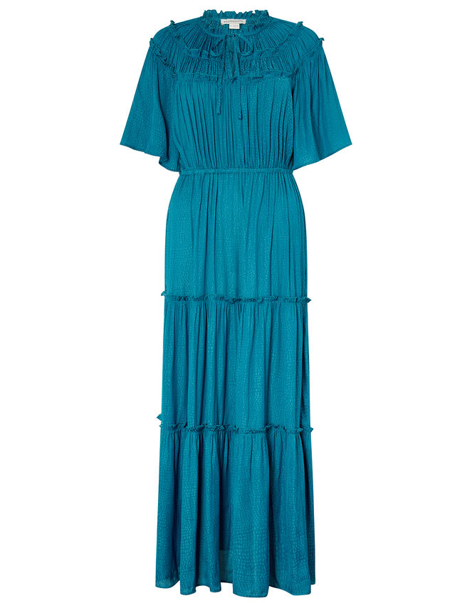Sienna Satin Jacquard Tiered Midi Dress, Teal (TEAL), large