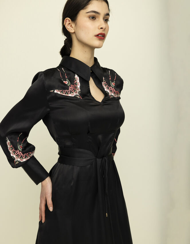 Tallulah & Hope Tamsin Bird Embroidered Midi Dress, Black (BLACK), large