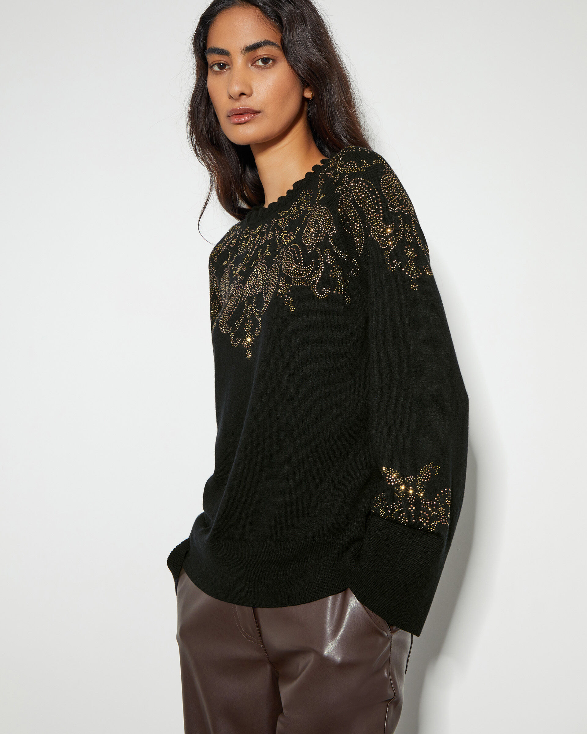 Fay Embellished Fair Isle Jumper Black