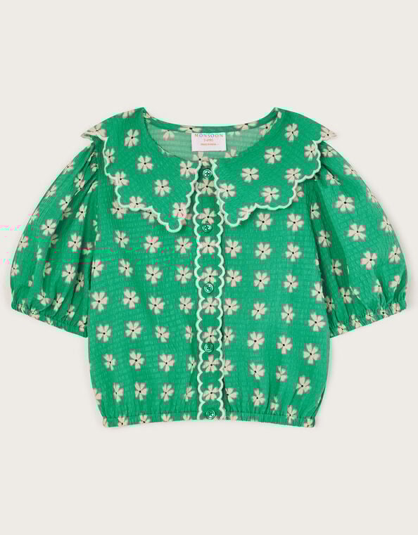 Floral Puff Sleeve Collared Blouse, Green (GREEN), large