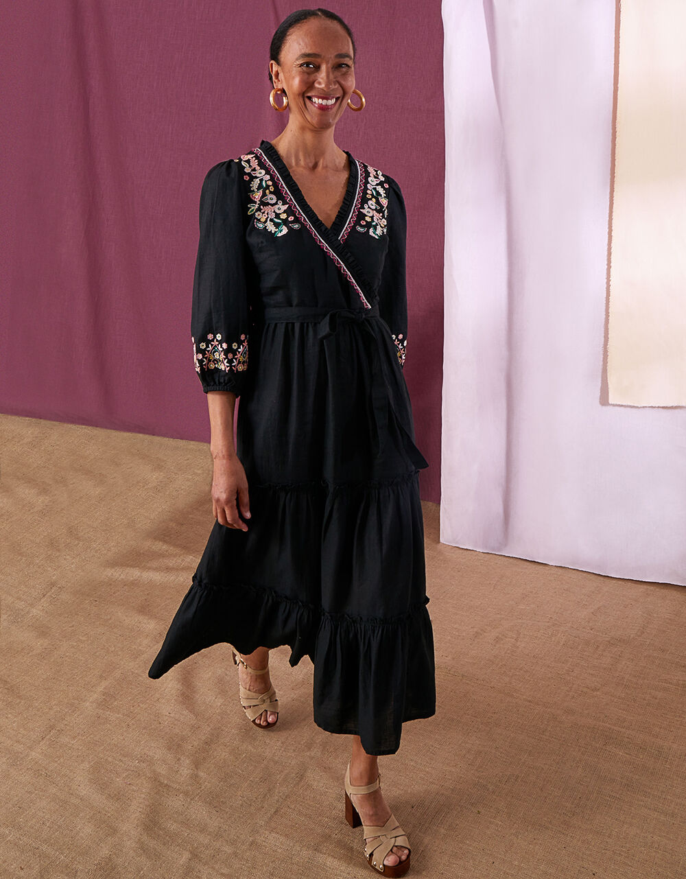 Women Dresses | Embroidered Tiered Wrap Dress in Linen Blend Black - VL48347
