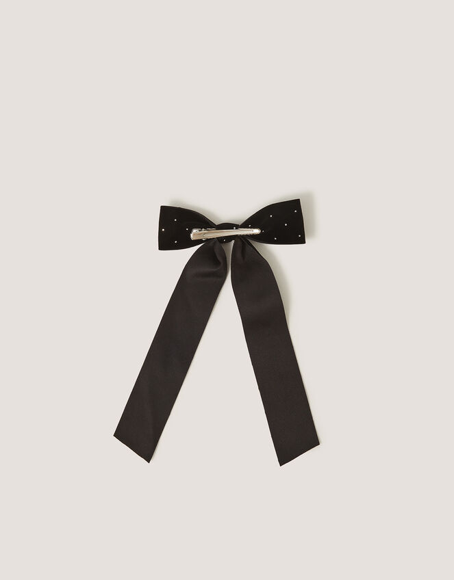 Velvet Rhinestone Bow Hair Clip, Black (BLACK), large