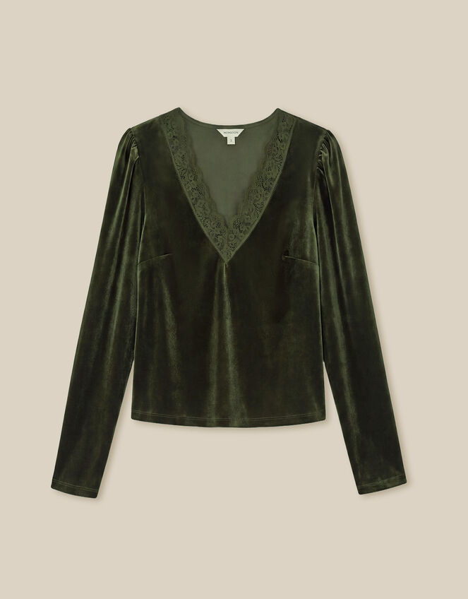 Lexi Lace Trim Velvet Top, Green (OLIVE), large