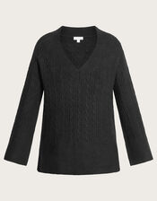 V-Neck Cable Longline Jumper with Recycled Polyester , Black (BLACK), large