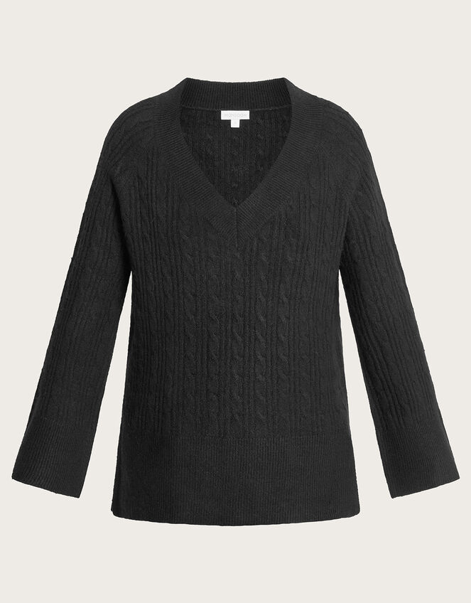 V-Neck Cable Longline Jumper with Recycled Polyester , Black (BLACK), large