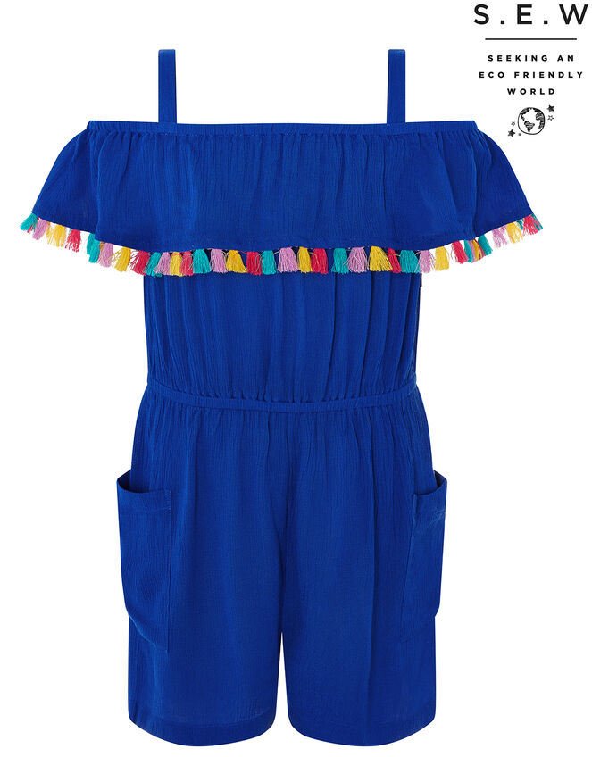 Marley Bardot Tassel Playsuit in LENZING™ ECOVERO™, Blue (BLUE), large