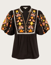 Bernie Embroidered Puff Sleeve Blouse, Black (BLACK), large