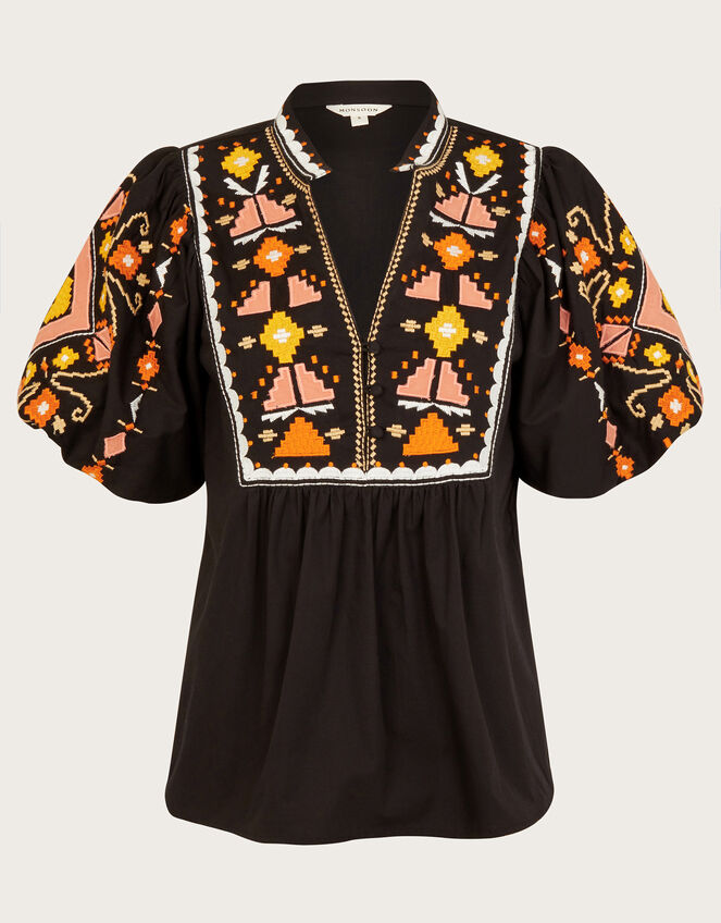 Bernie Embroidered Puff Sleeve Blouse, Black (BLACK), large