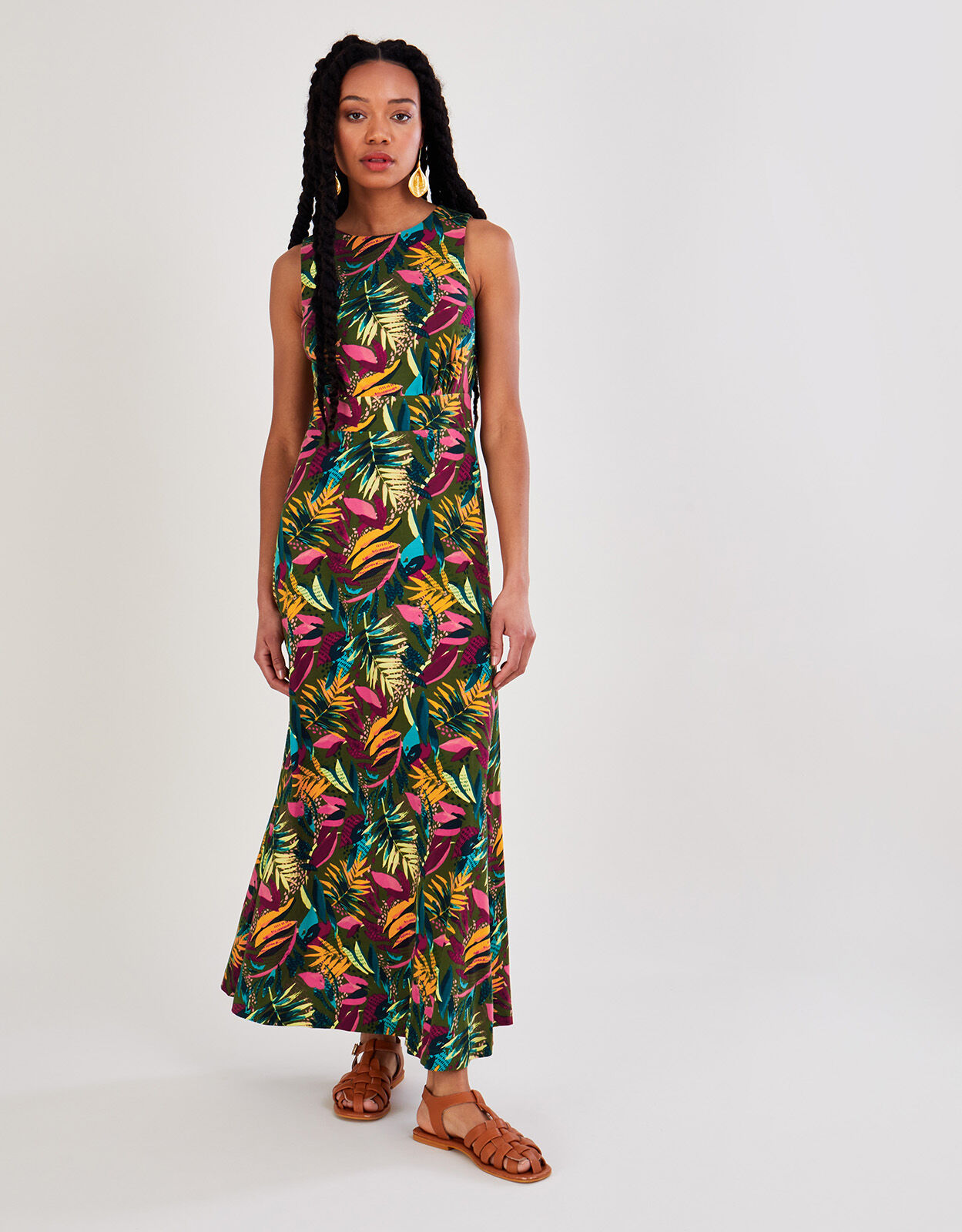 Cut Out Back Palm Jersey Dress Green Maxi Dresses Monsoon UK
