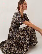 Bryony Leaf Print Midi Dress, Black (BLACK), large