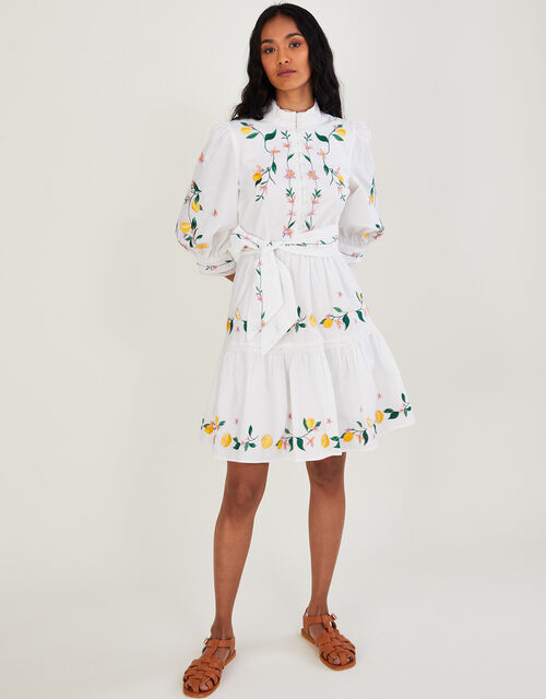 Lyla Embroidered Lemon Short Dress, Ivory (IVORY), large