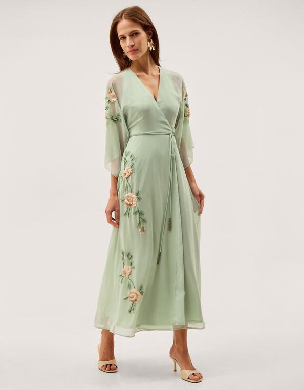 Clara Floral Embellished Midi Wrap Dress, Green (SAGE), large