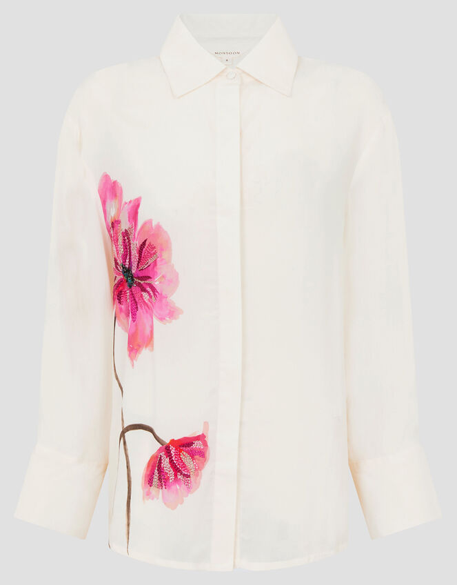 Fleur Embroidered Flower Shirt, Ivory (IVORY), large