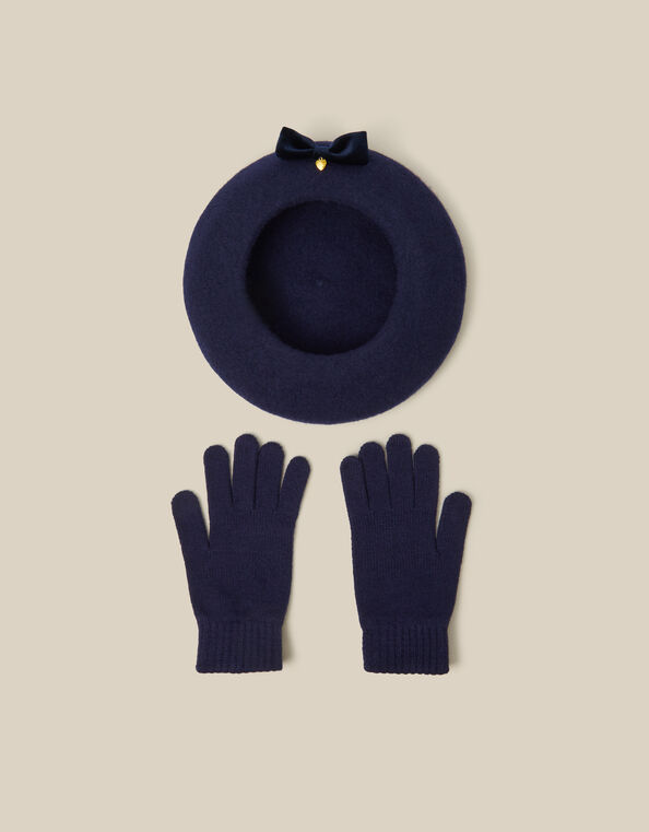 Velvet Bow Wool Beret & Gloves Set, Blue (NAVY), large