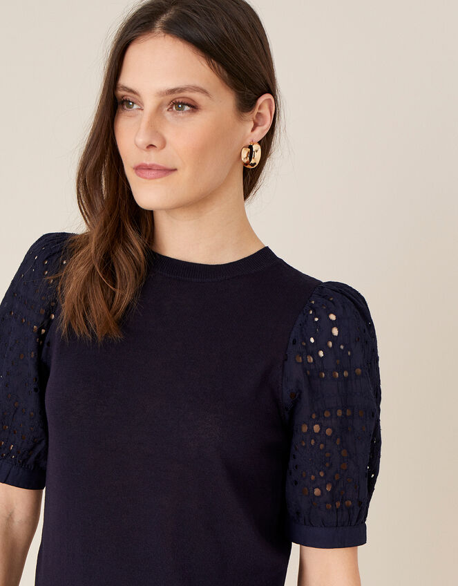 Broderie Sleeve Jumper in Linen Blend, Blue (NAVY), large