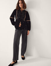 Noni Embroidered Velvet Long Sleeve Top , Black (BLACK), large
