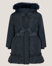 Frill Bow Hooded Coat, Blue (NAVY), large