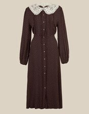 Shae Lace Collar Polka Dot Midi Dress, Brown (CHOCOLATE), large