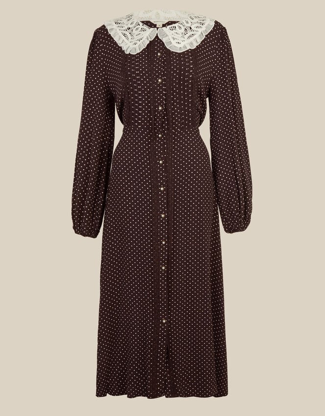 Shae Lace Collar Polka Dot Midi Dress, Brown (CHOCOLATE), large