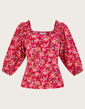 Ditsy Floral Print Top in Linen Blend , Red (RED), large