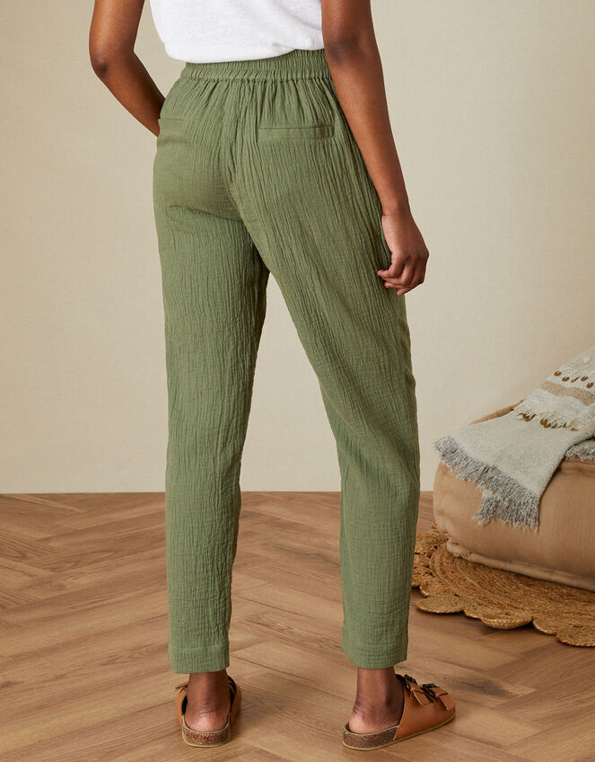Double Faced Embroidered Trousers in Sustainable Cotton, Green (KHAKI), large