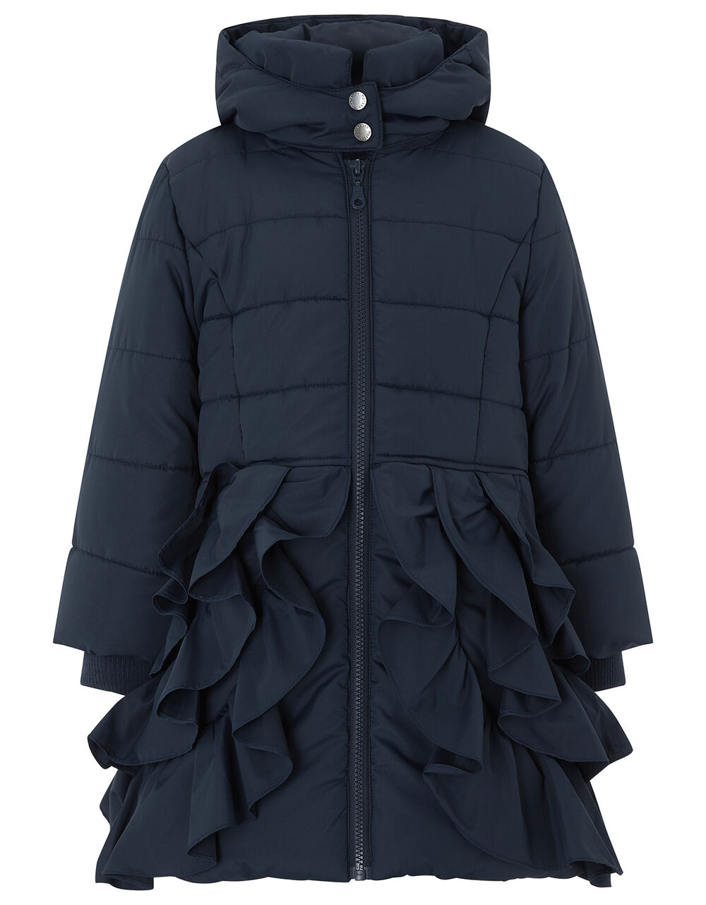 Navy Ruffle Padded Coat Blue Girls' Coats & Jackets Monsoon UK.