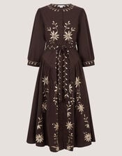 Eloise Floral Embroidered Midi Dress, Brown (CHOCOLATE), large