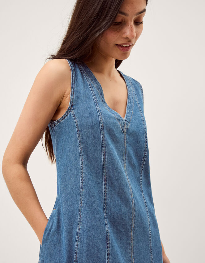 Tessa Sleeveless Denim Midi Dress, Blue (MID AUTHENTIC BLUE), large