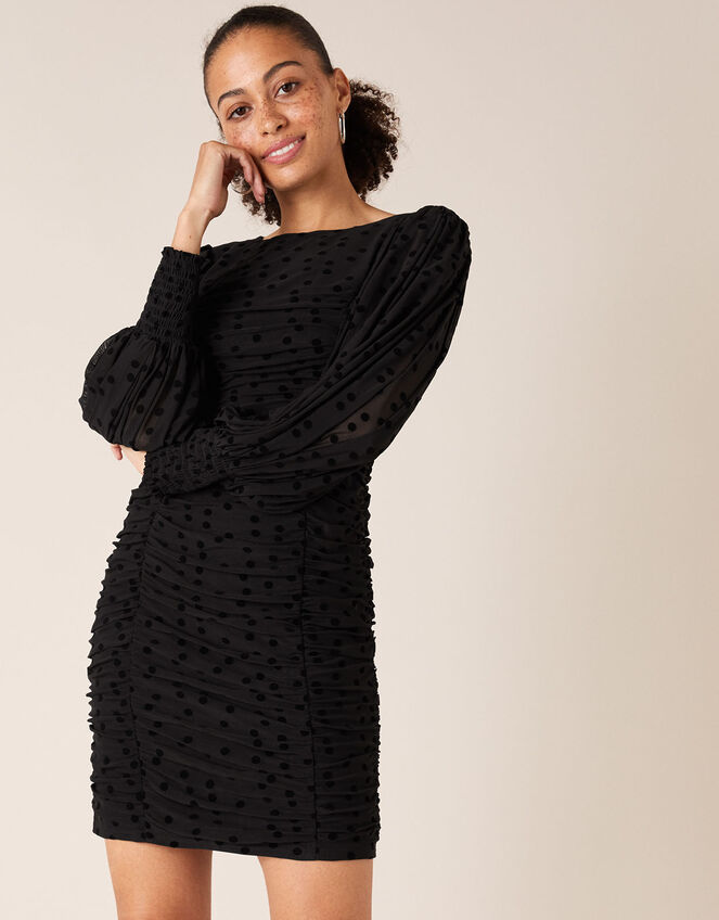 Sophie Spot Stretch Ruched Dress, Black (BLACK), large