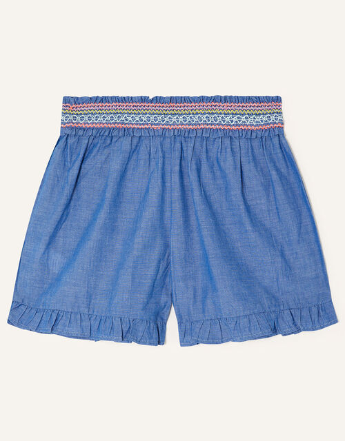 Chambray Shirred Waist Shorts, Blue (BLUE), large