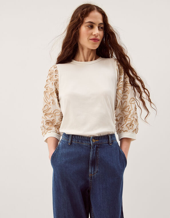 Freya Embroidered Sleeve Top, Ivory (IVORY), large