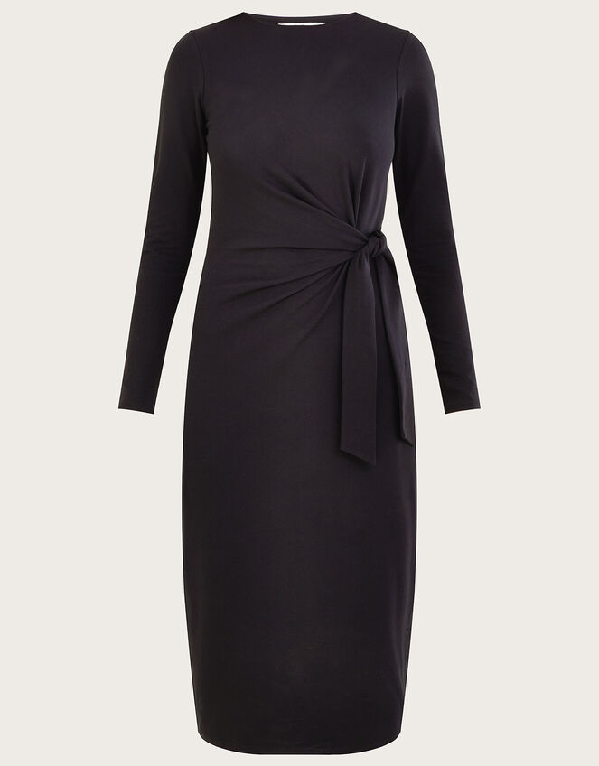 Long Sleeve Side Knot Midi Jersey Dress, Black (BLACK), large