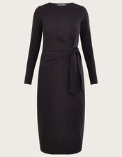 Long Sleeve Side Knot Midi Jersey Dress, Black (BLACK), large
