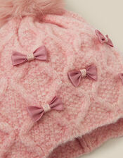 Bow Cable Knit Trapper Hat, Pink (PINK), large
