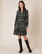 Printed Jersey Plisse Tiered Short Dress, Black (BLACK), large