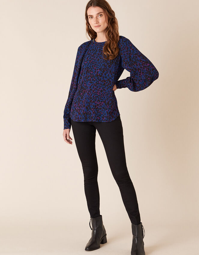 Animal Print Beaded Neck Blouse, Blue (BLUE), large