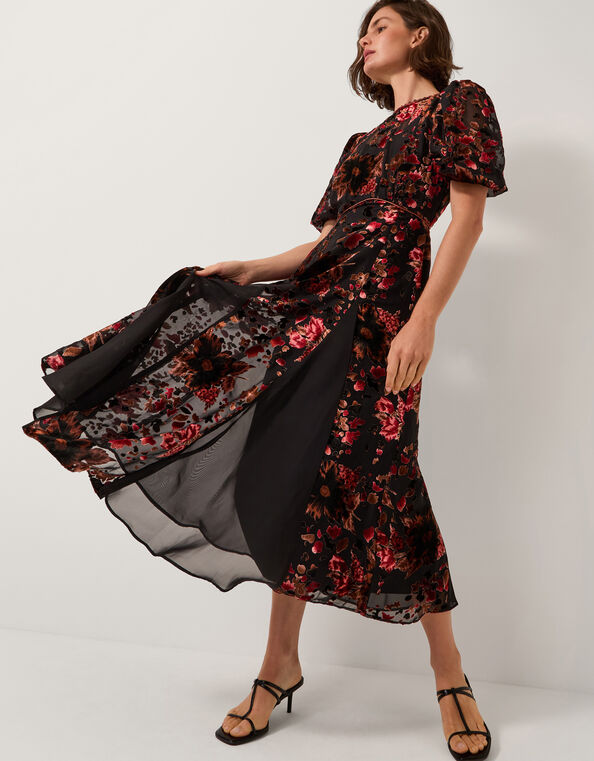 Carolyn Floral Devor&eacute; Midi Dress, Black (BLACK), large