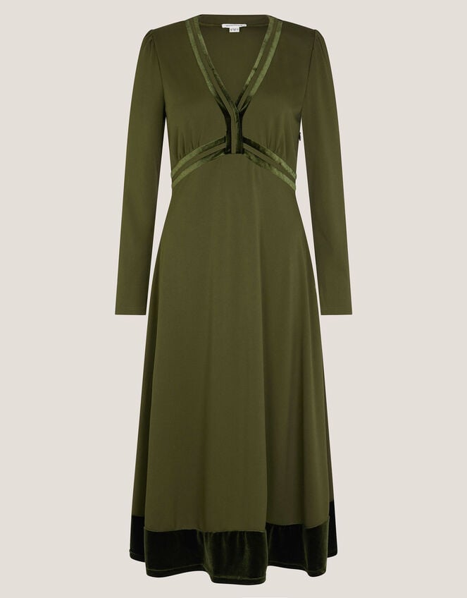 Viv Velvet Trim Long Sleeve Midi Dress, Green (KHAKI), large