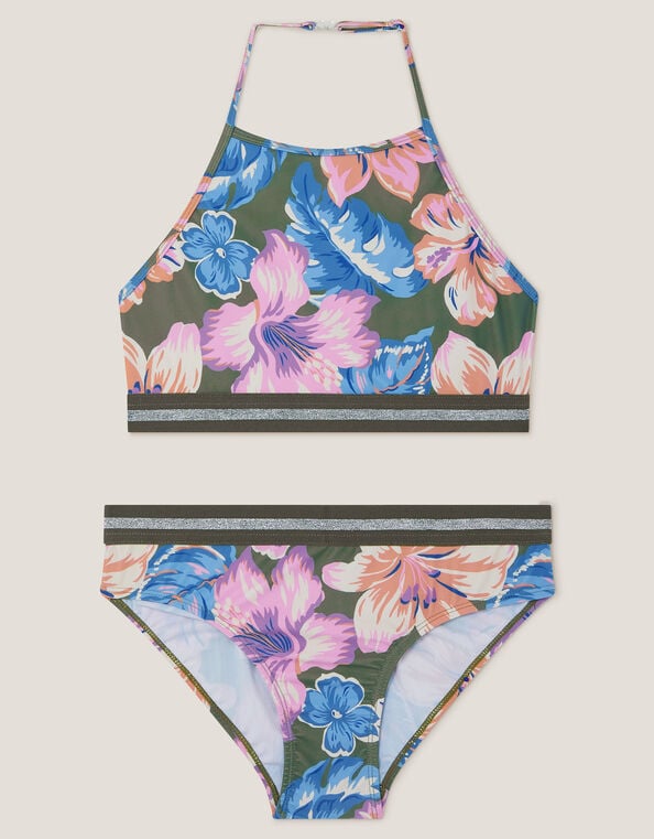 Floral Halter Bralette Bikini Set, Green (KHAKI), large