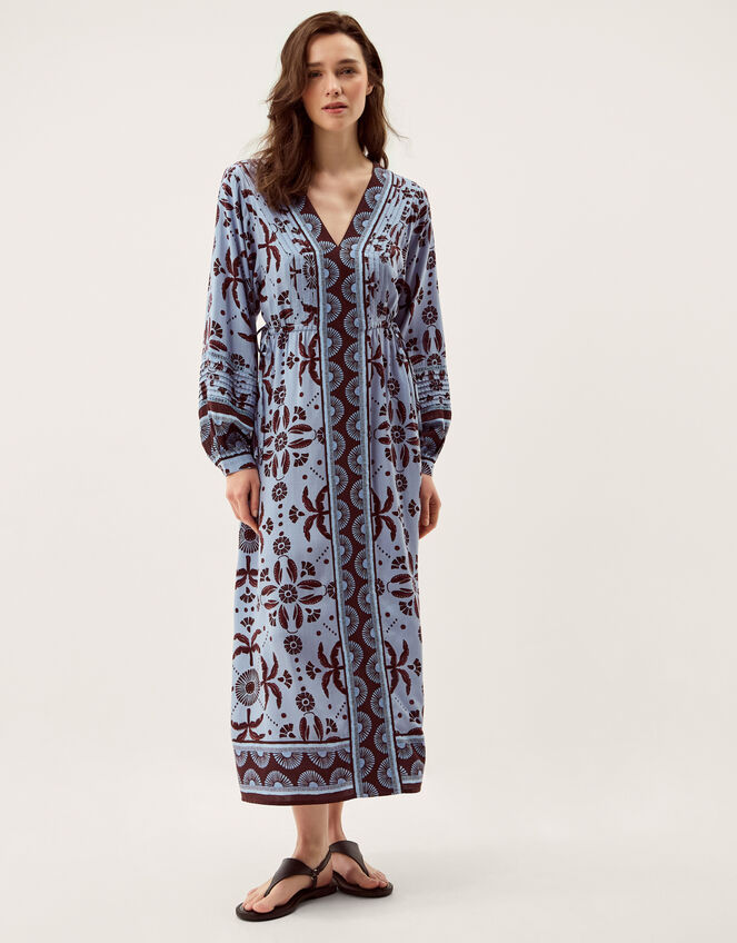 Thalia Palm Print Midi Dress Blue