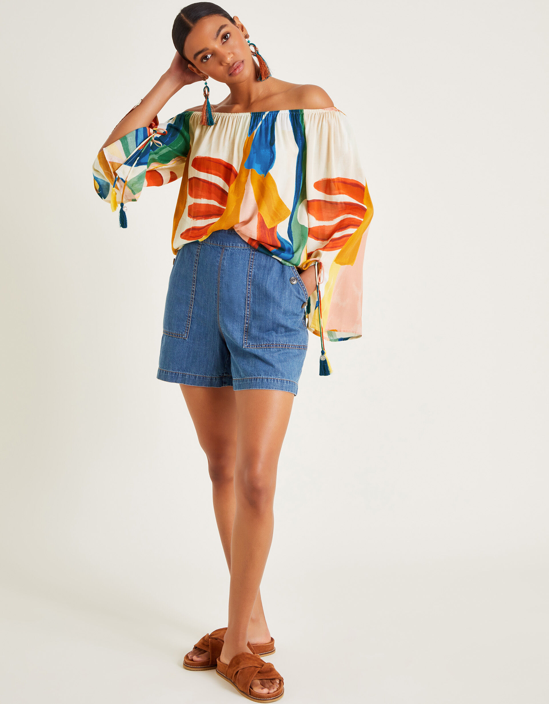 Ivy Printed Long Sleeve Bardot Top Brown Vests Camisoles And Sleeveless Tops Monsoon UK