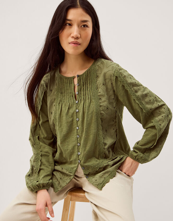 Joss Floral Embroidered Jersey Top Green