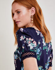 Olana Print Lace Dress in Sustainable Viscose, Blue (NAVY), large
