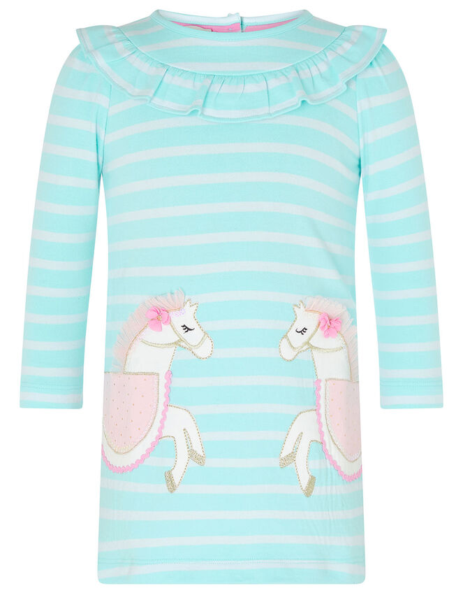 Baby Horse Stripe Sweat Dress in Organic Cotton, Blue (AQUA), large